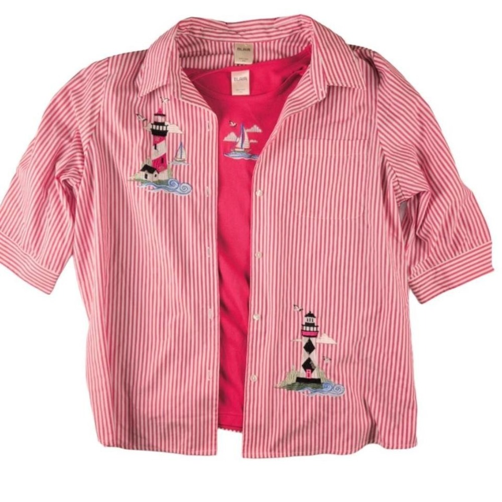 Nautical Lighthouse Embroidered‎ Pink Striped Button Up Set Coastal Grandma